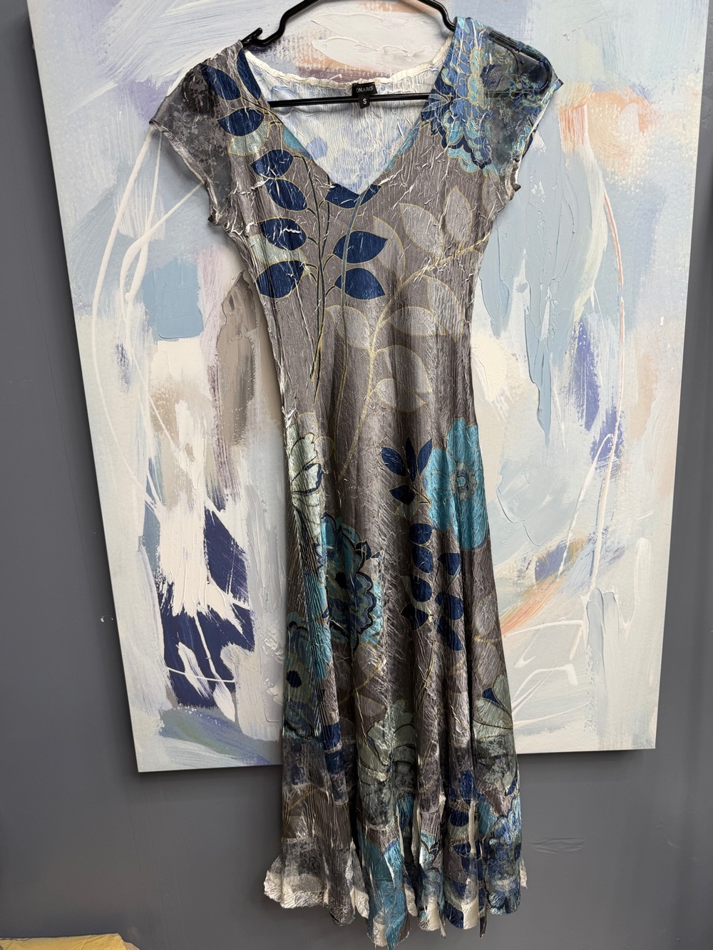 Vintage Komarov Crinkle Floral Pleated Midi Dress Blue Gray Metallic Lace S 1150